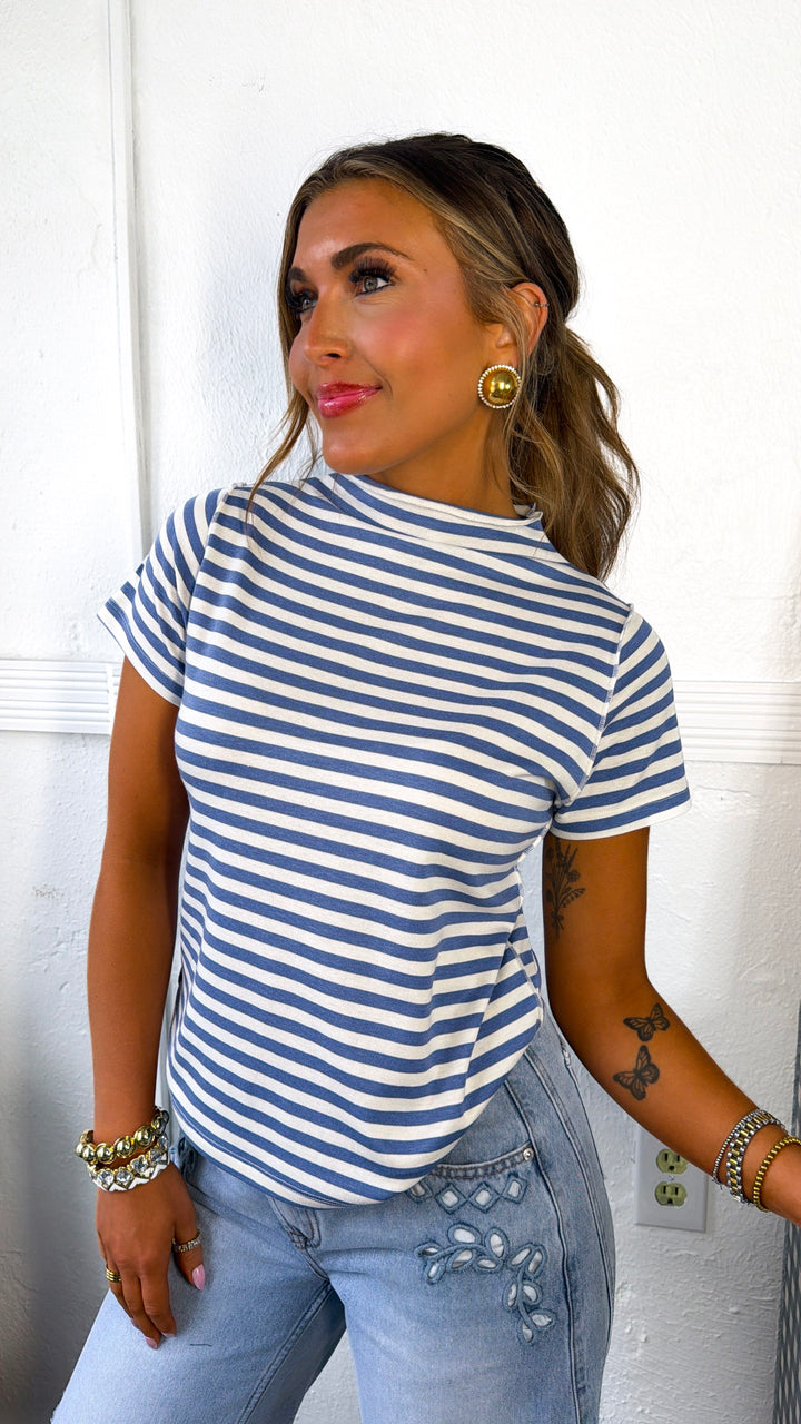 Sweet Stripe Basic Tee, Deep Blue/ Cream