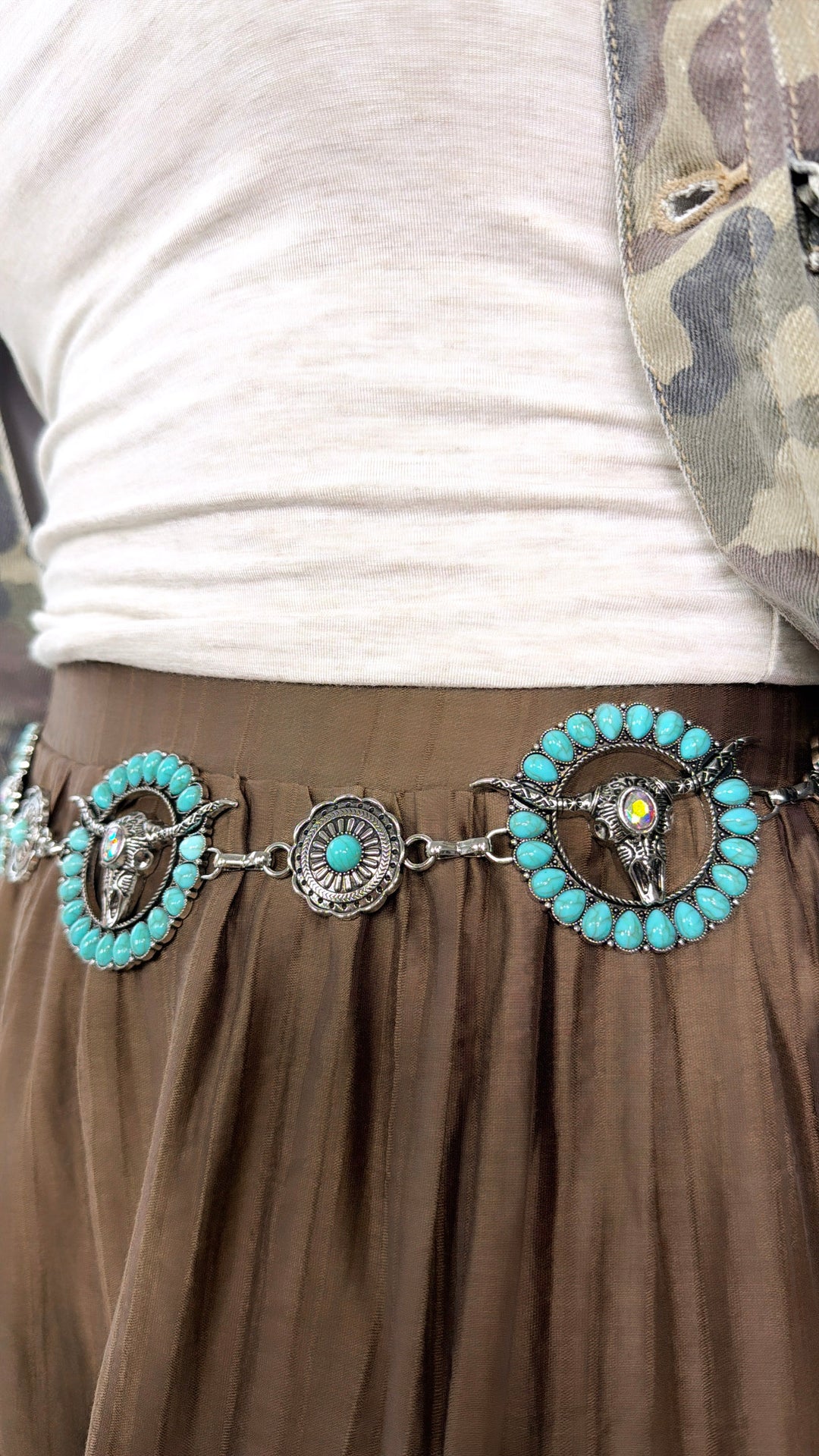 Western Turquoise Bull Skull Chain Belt