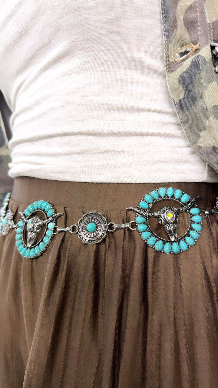 Western Turquoise Bull Skull Chain Belt