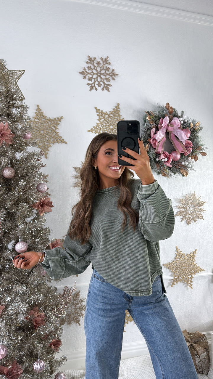 DOORBUSTER: Acid Washed Ribbed Cropped Pullover, DK Olive