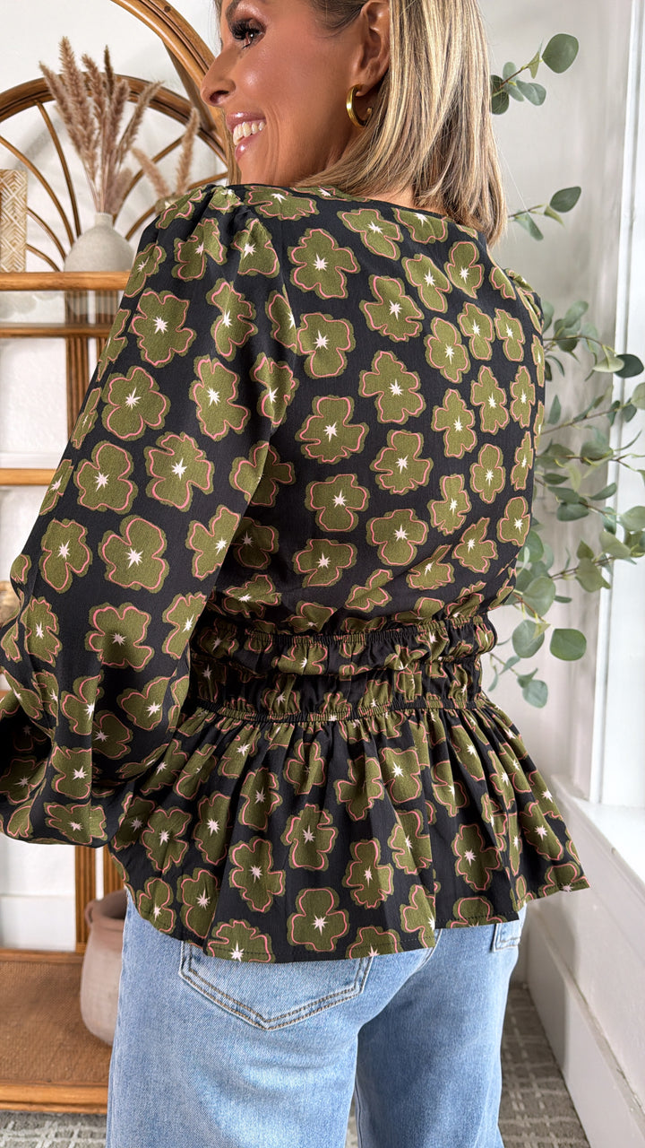 Indy Bell Blouse, Black/ Olive