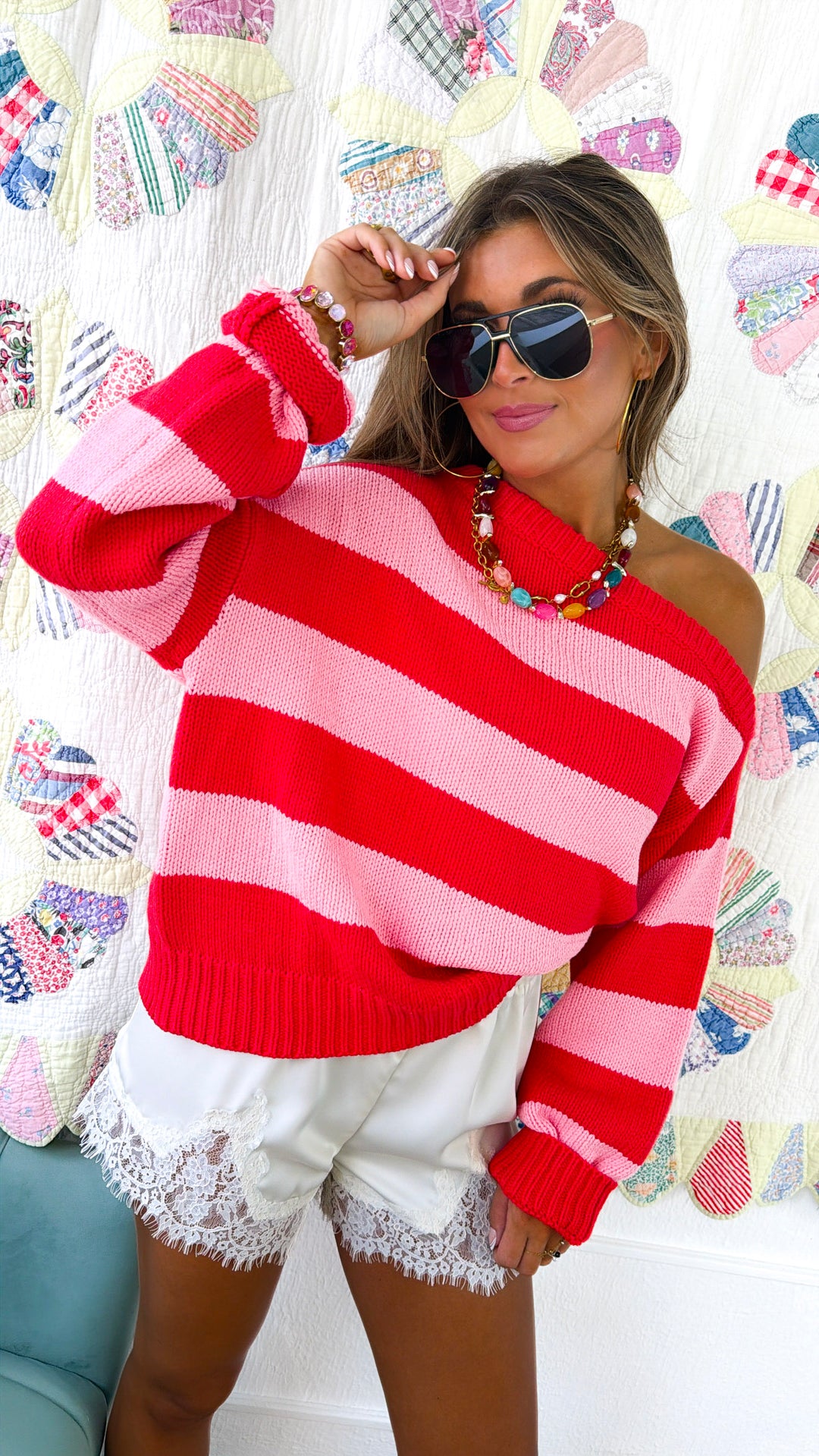 Stripe Off The Shoulder Sweater, Red/Pink