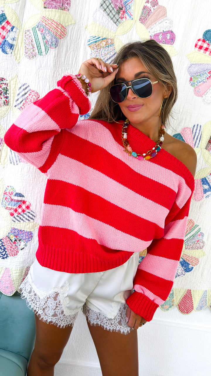 Stripe Off The Shoulder Sweater, Red/Pink