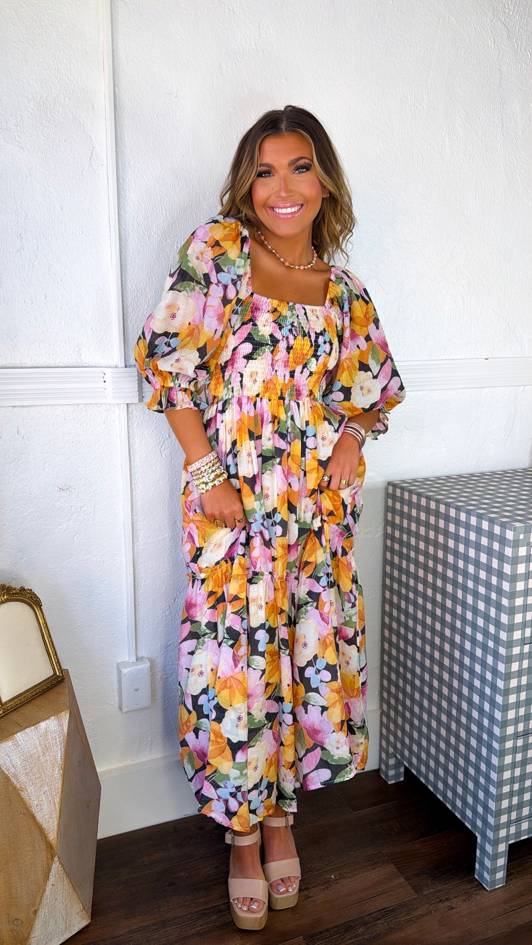 Havana Bloom Smocked Dress, Black Multi