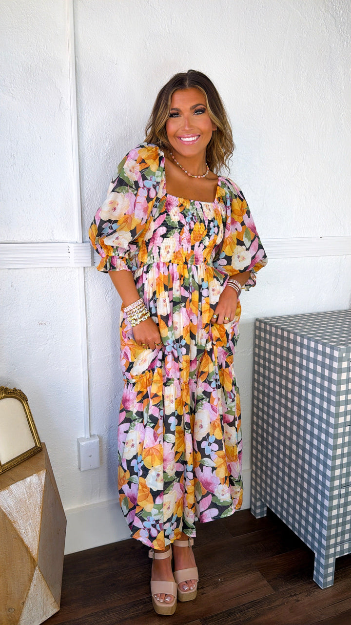 Havana Bloom Smocked Dress, Black Multi