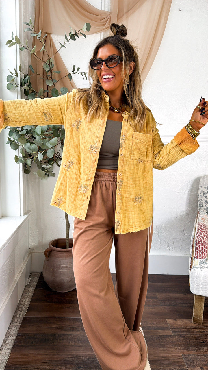 Daisy Detailed Embroidered Button Up, Washed Mustard