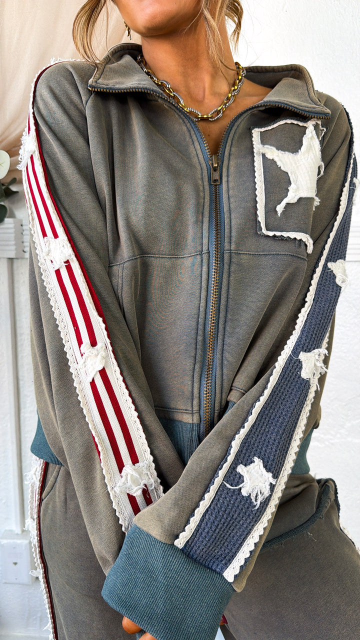 American Dream Patch Zip Up Jacket, Vintage Moss