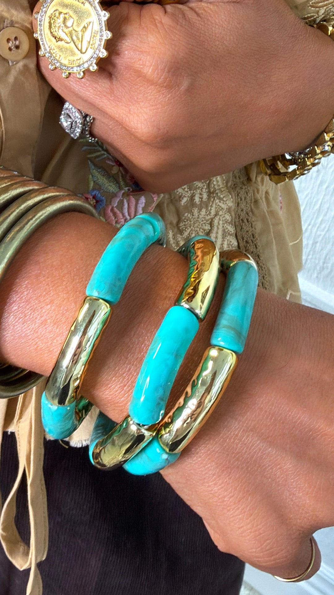 Golden Meadow Bracelet Stack, Turquoise/ Gold