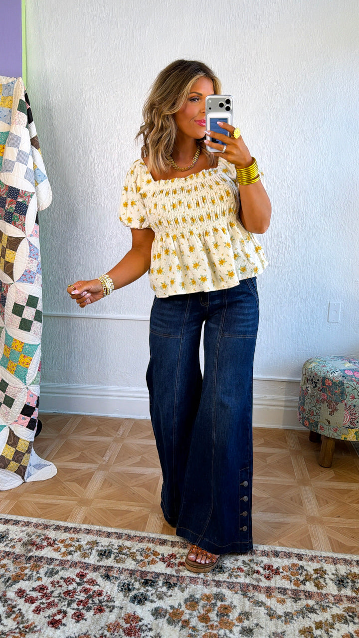 Rosie Ann Smocked Top, Cream/ Yellow Floral