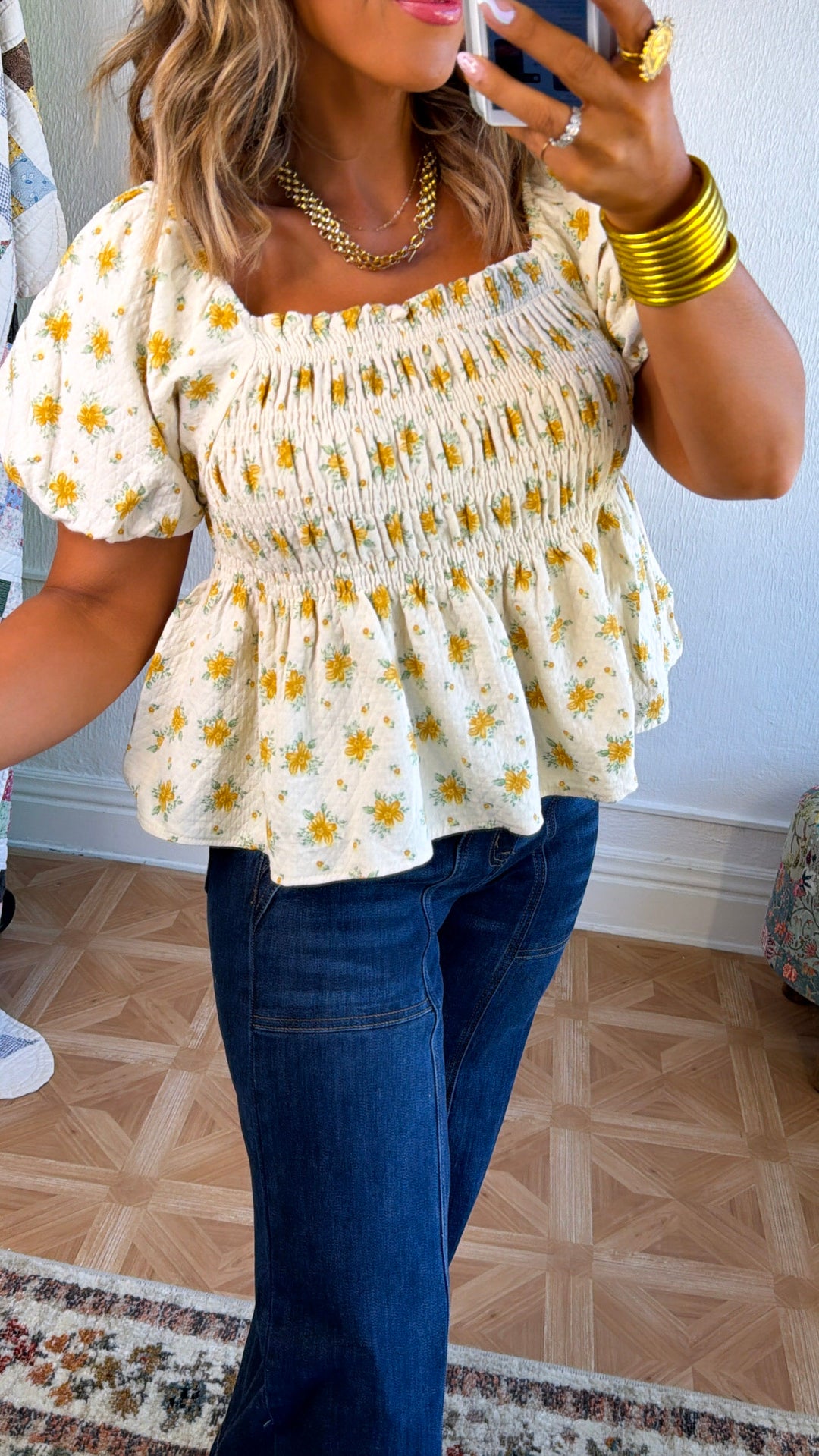 Rosie Ann Smocked Top, Cream/ Yellow Floral
