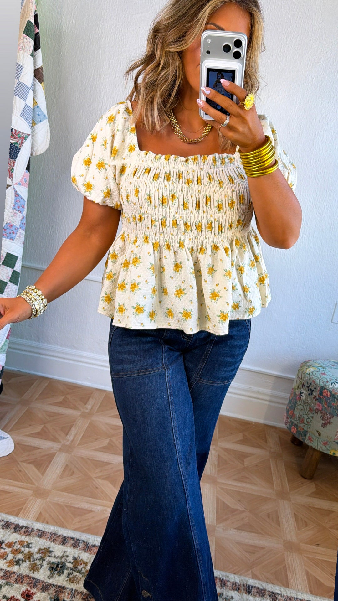 Rosie Ann Smocked Top, Cream/ Yellow Floral