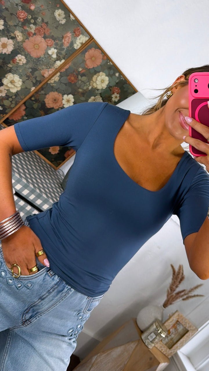 Double Layered 3/4th Sleeve Tee, Dark Denim