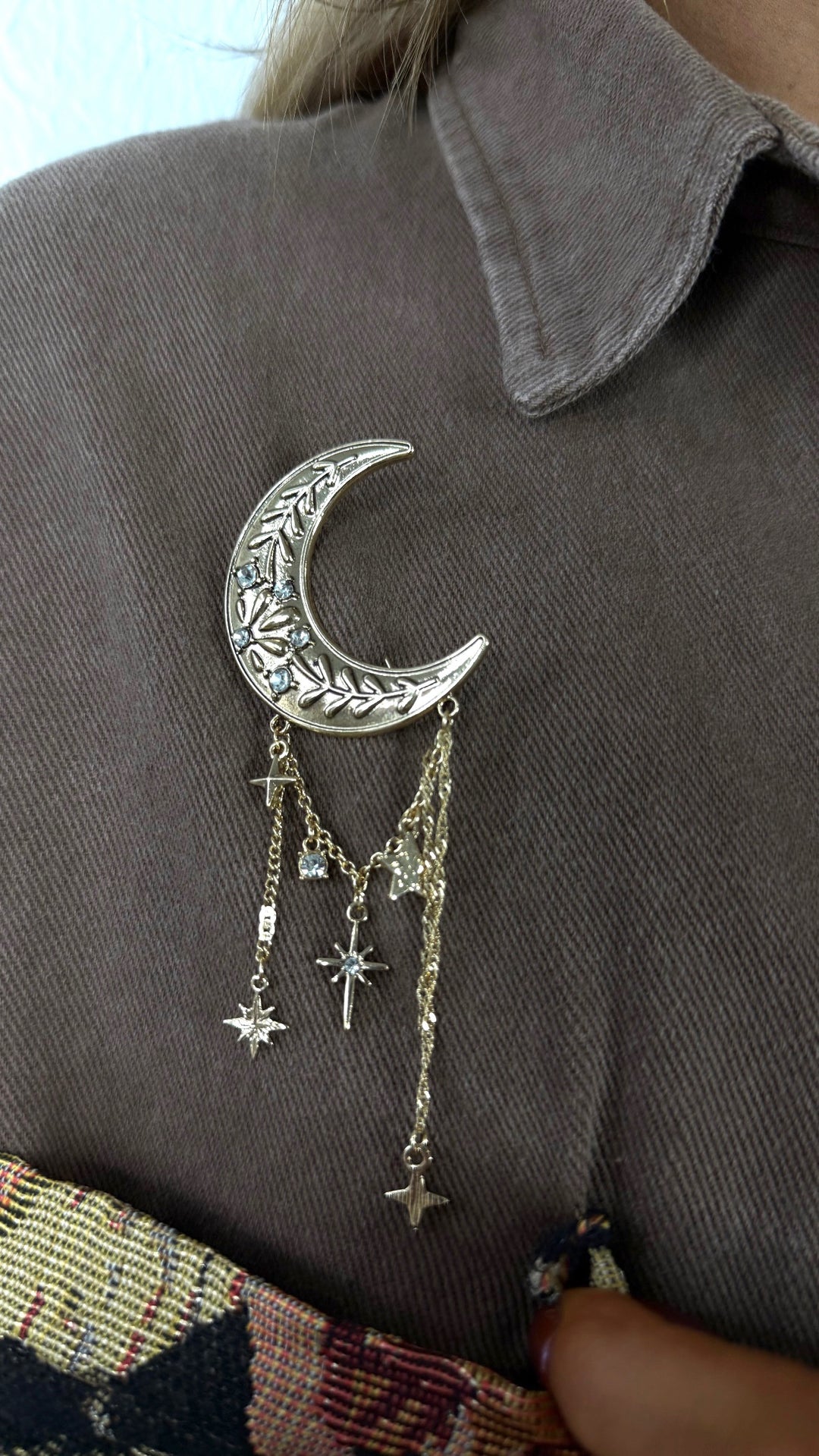 Crescent Moon Charm Brooch, Gold