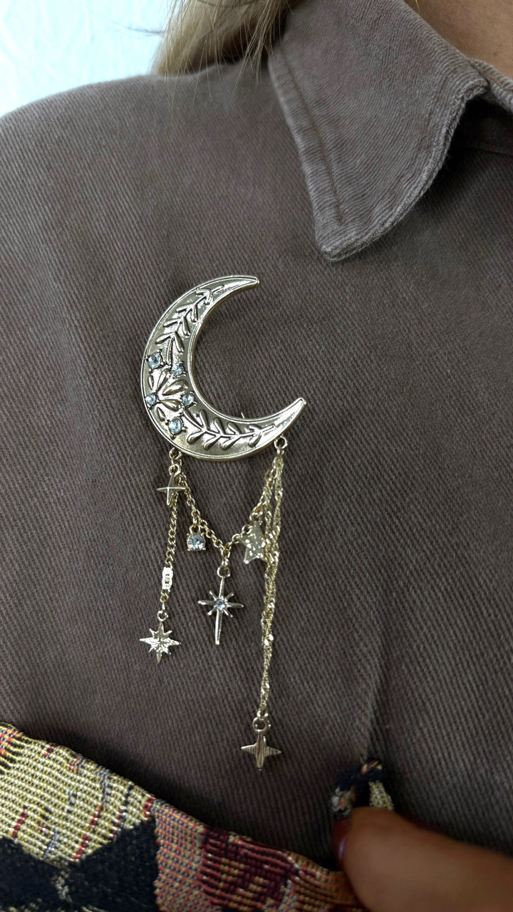 Crescent Moon Charm Brooch, Gold
