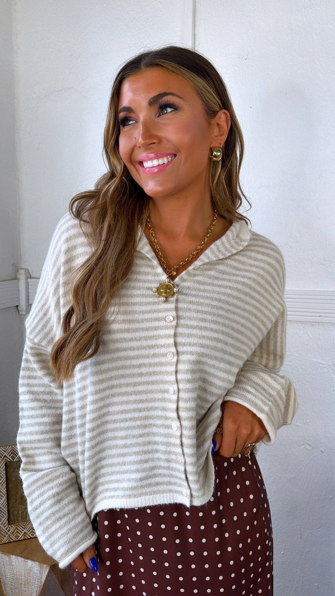 Piper Stripe Cardigan, Cream/Taupe