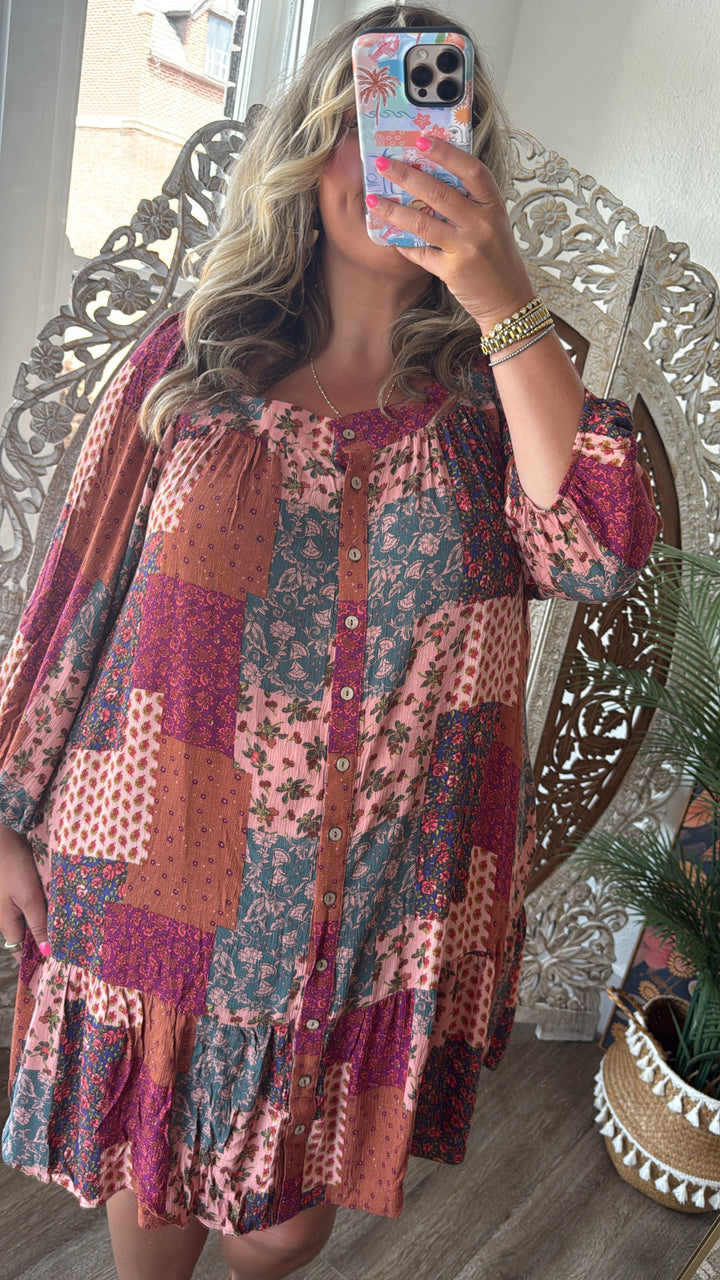 Boho Chic Long Sleeve Patchwork Mini Dress