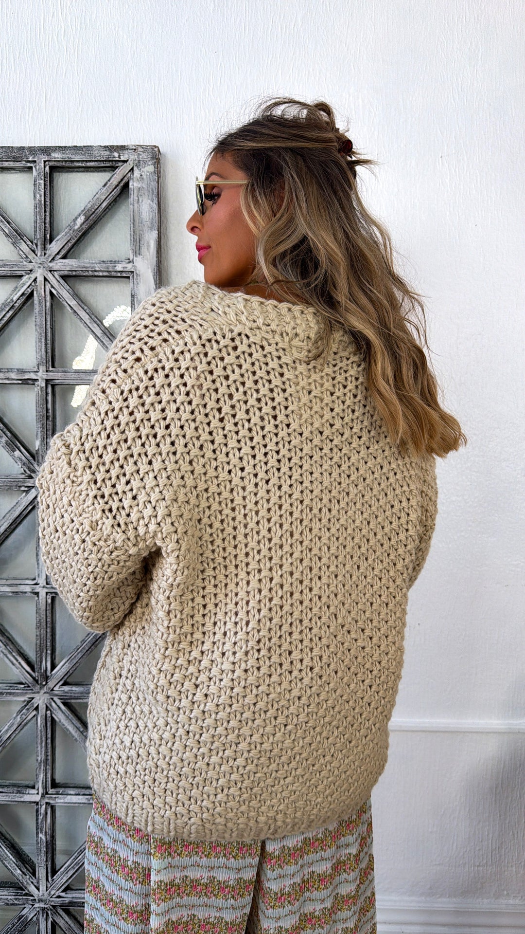 Slouchy Knit Button Cardigan, Ecru