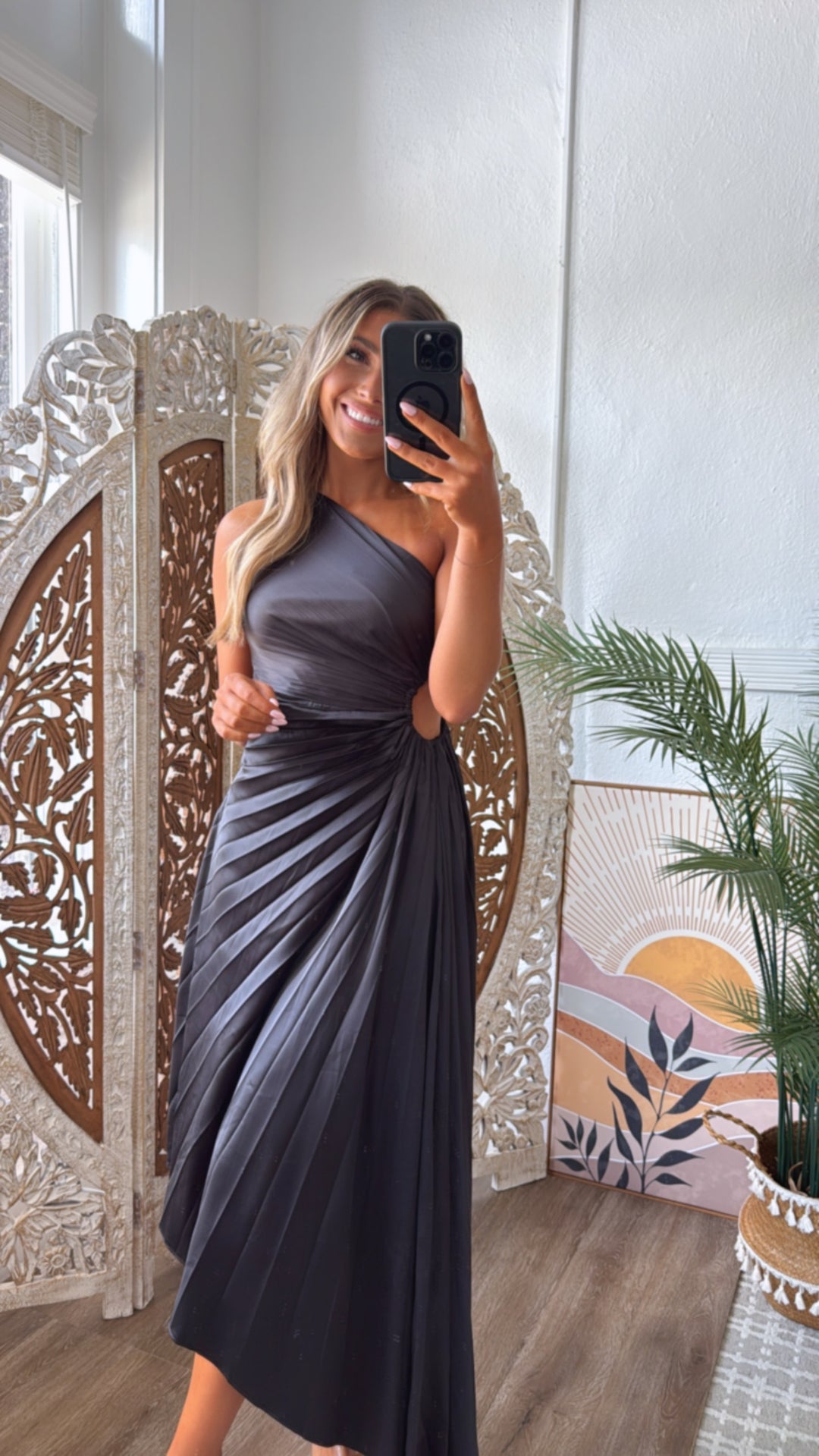 Olivia One Shoulder Satin Pleated Dress, Black