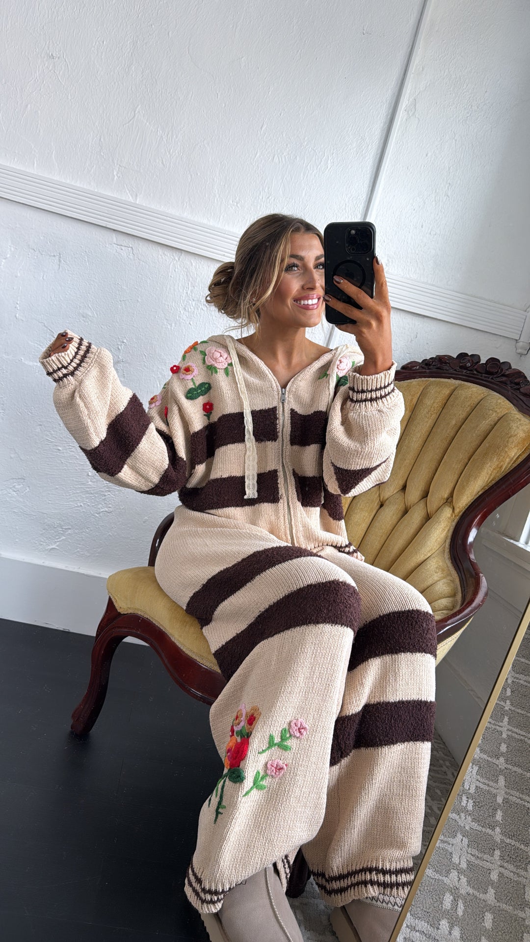 Striped Floral Detail Zip Up Sweater, Mocha Multi