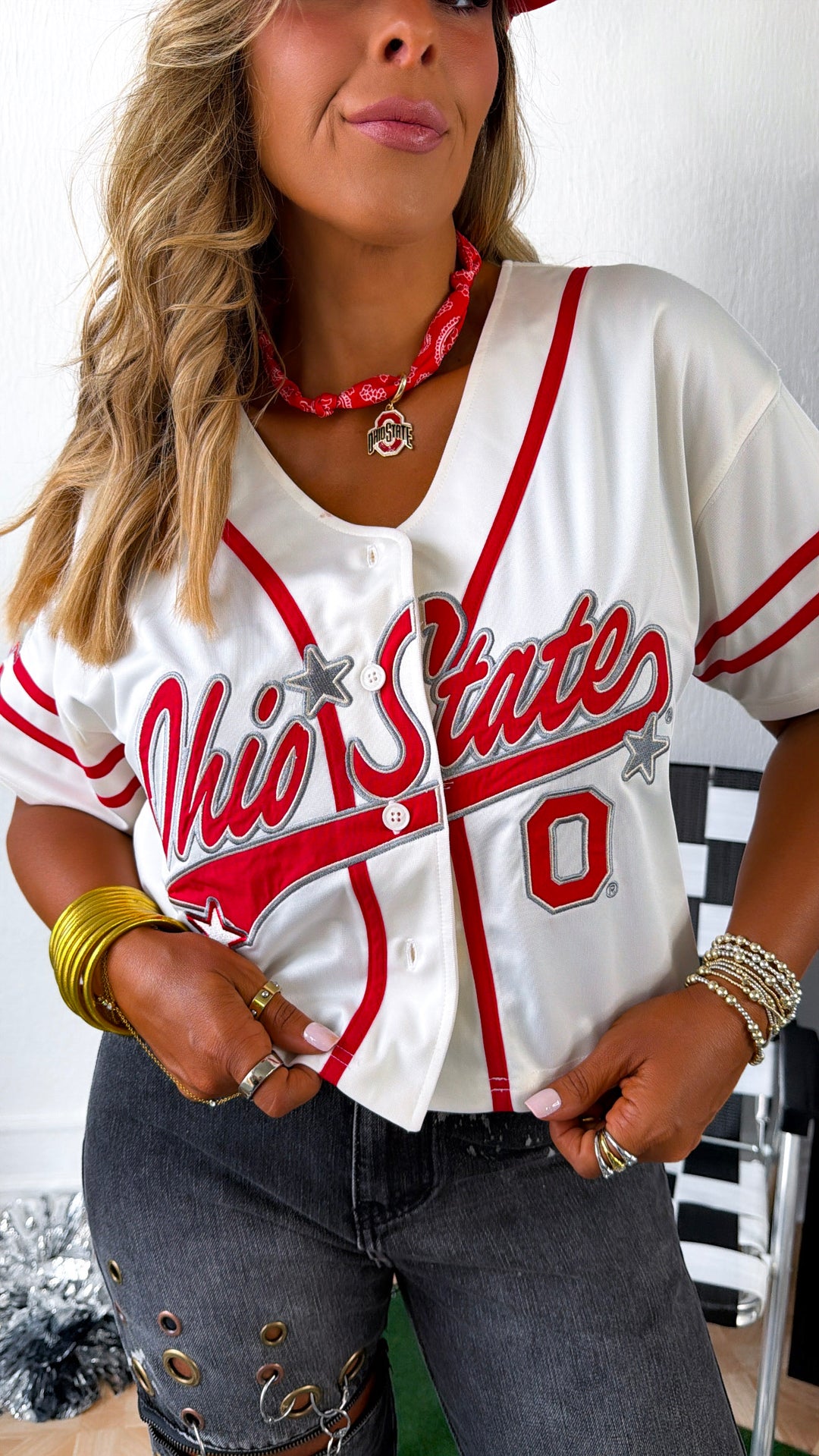 Ohio State Button Up Baseball Jersey Shirt, Red/Ivory