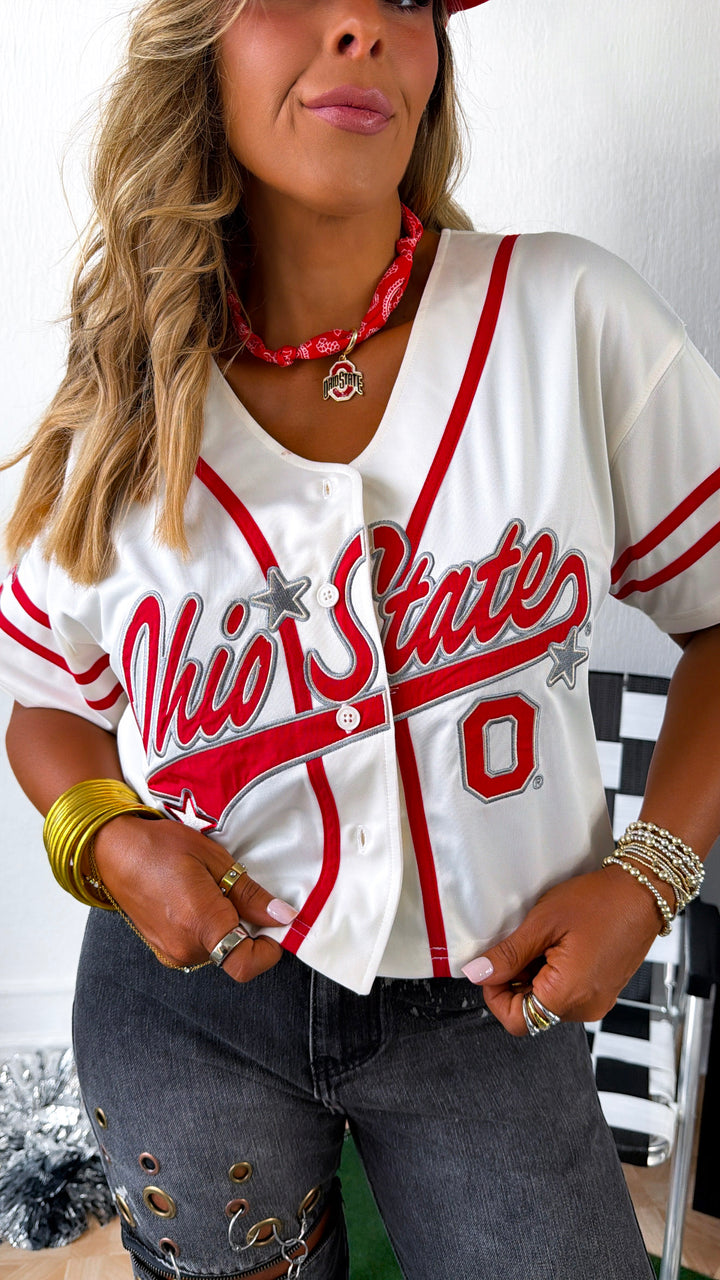 Ohio State Button Up Baseball Jersey Shirt, Red/Ivory