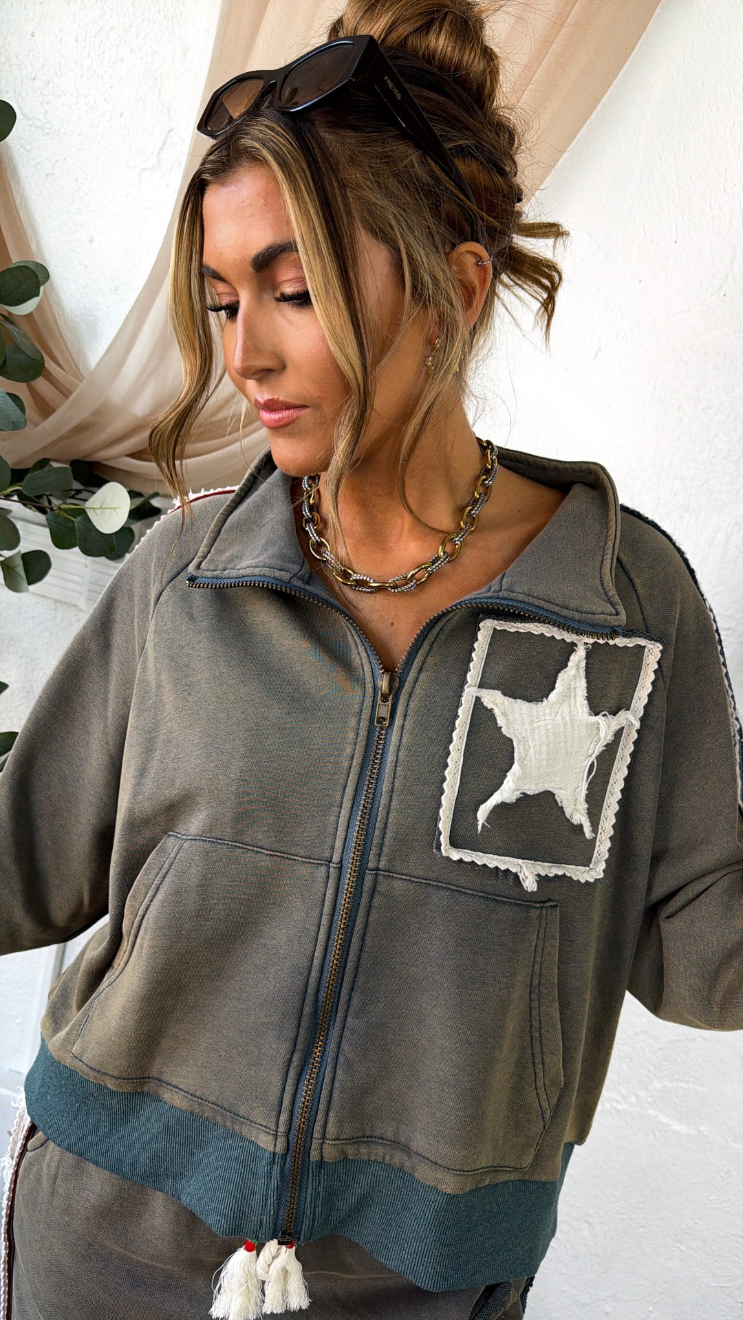 American Dream Patch Zip Up Jacket, Vintage Moss