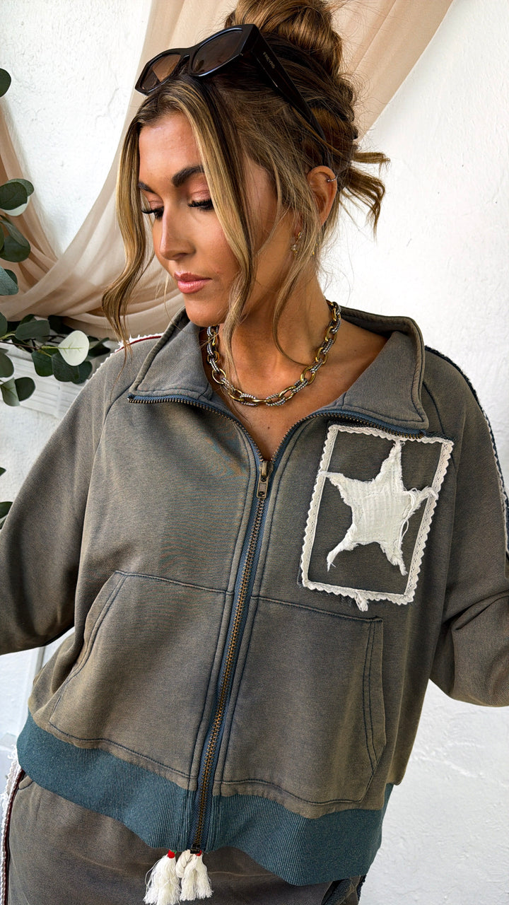 American Dream Patch Zip Up Jacket, Vintage Moss