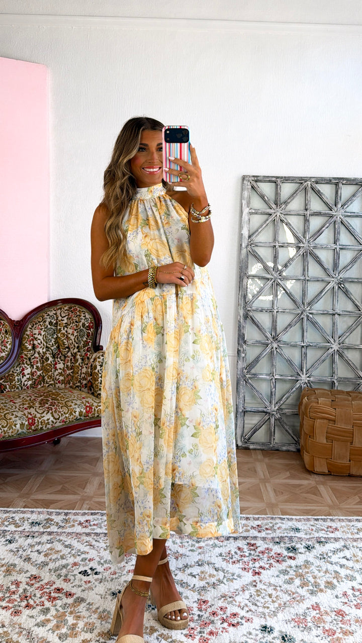 Happiest Year Floral Halter Dress, Ivory/Yellow