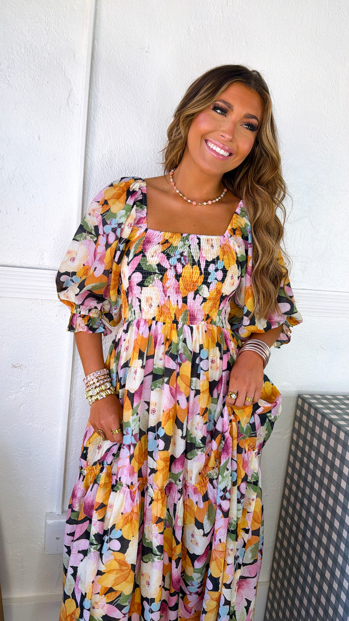 Havana Bloom Smocked Dress, Black Multi