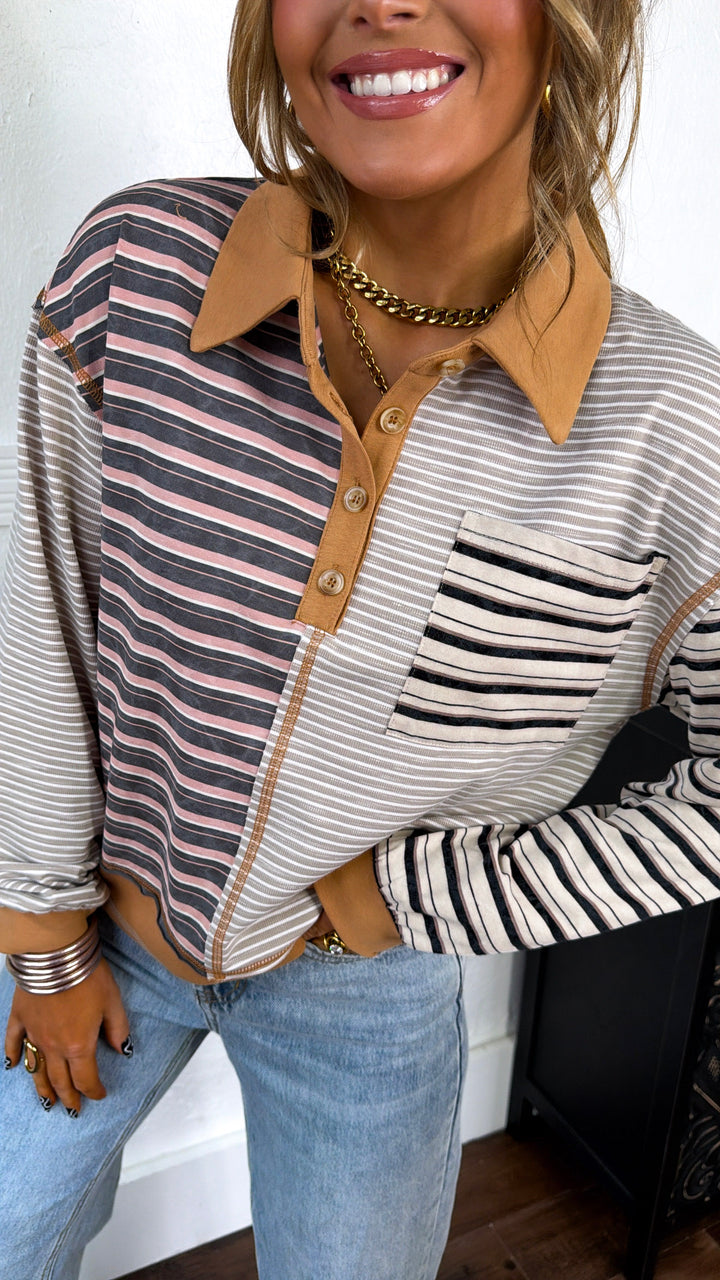 Multi Stripe Pullover, Camel/Dusty Pink Mix