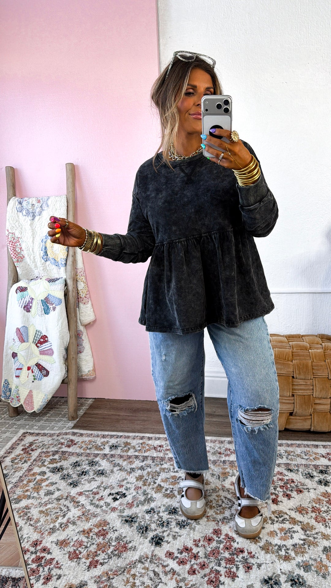 Washed Babydoll Sweatshirt, Washed Black