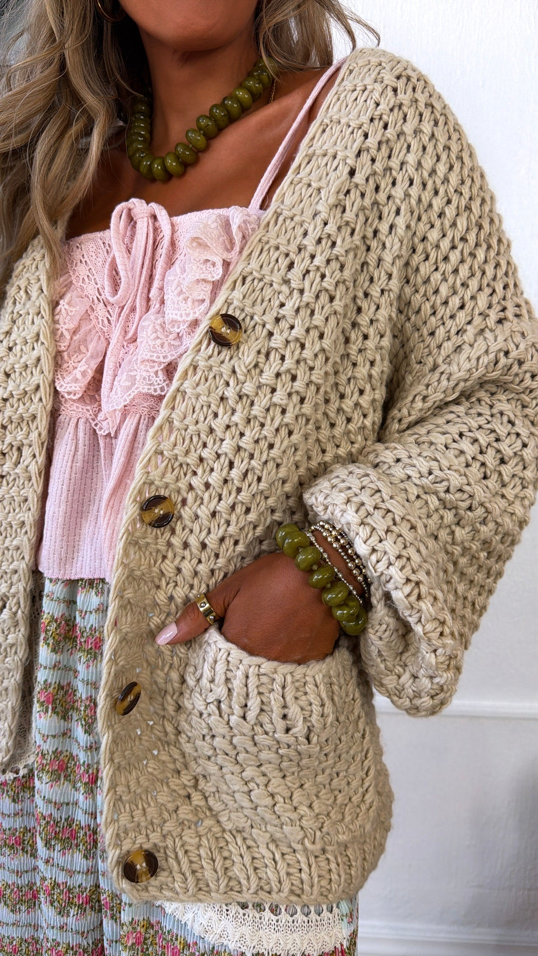 Slouchy Knit Button Cardigan, Ecru