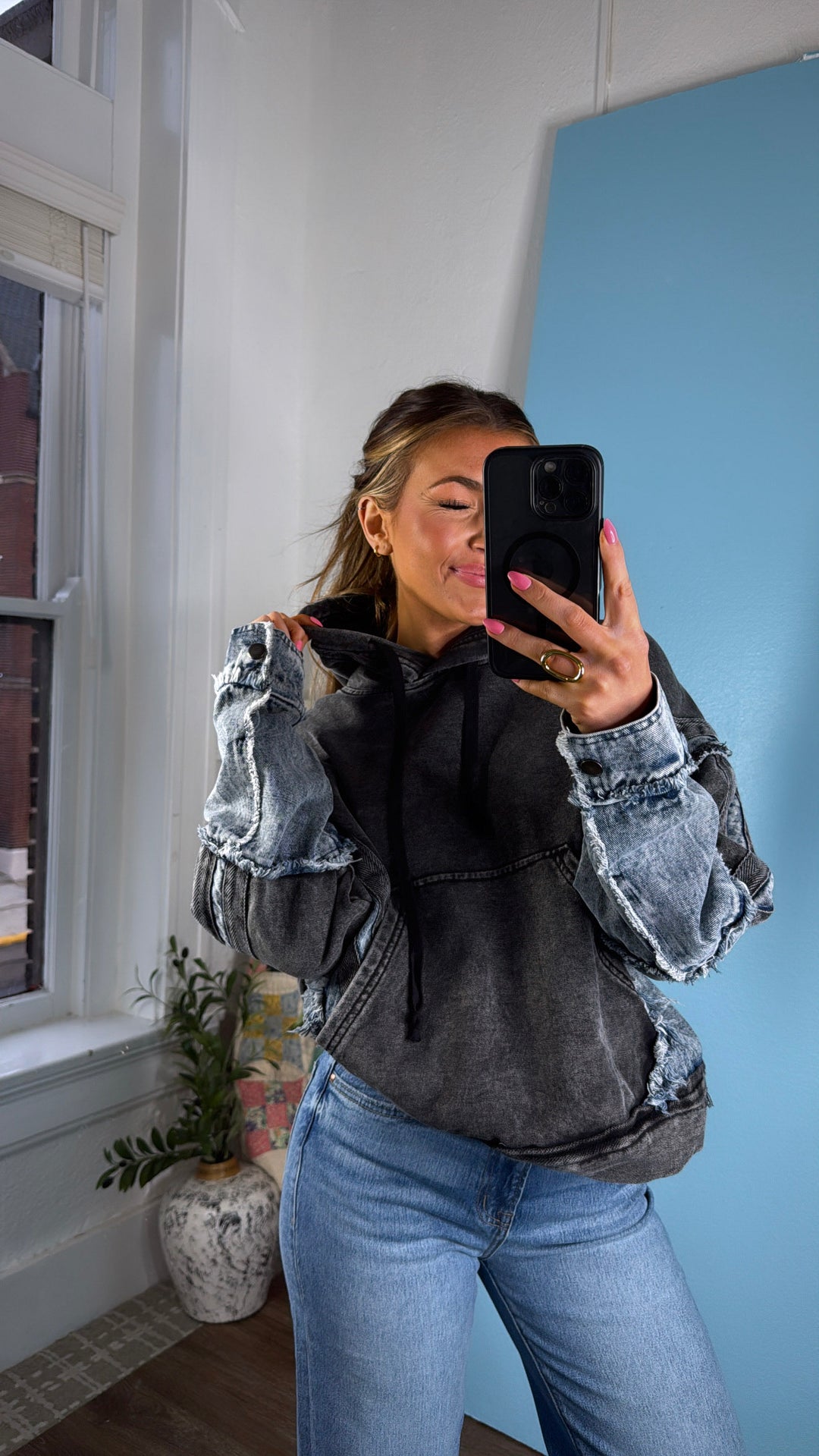 Stray Mixed Hoodie, Black/Denim