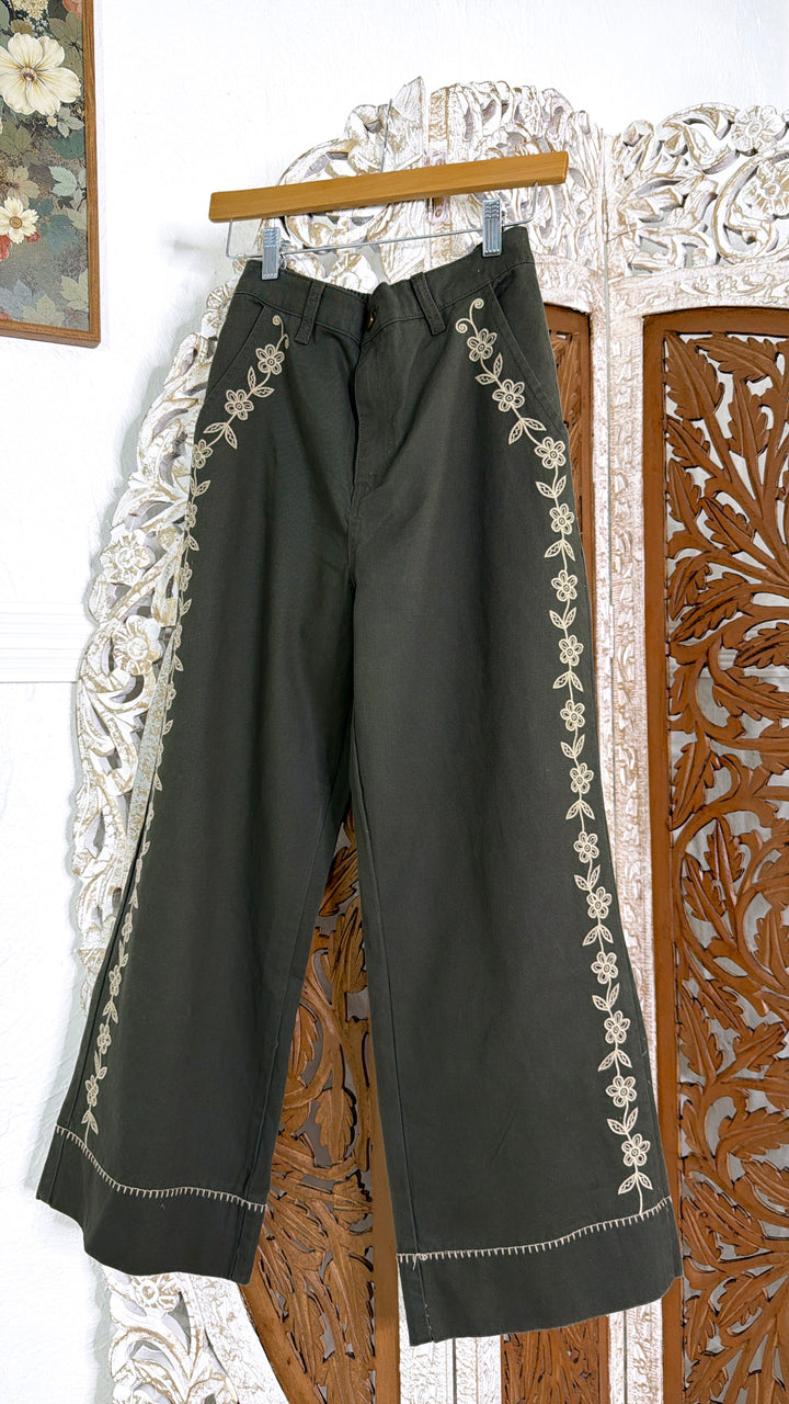 Elenor Embroidered Pants, Olive