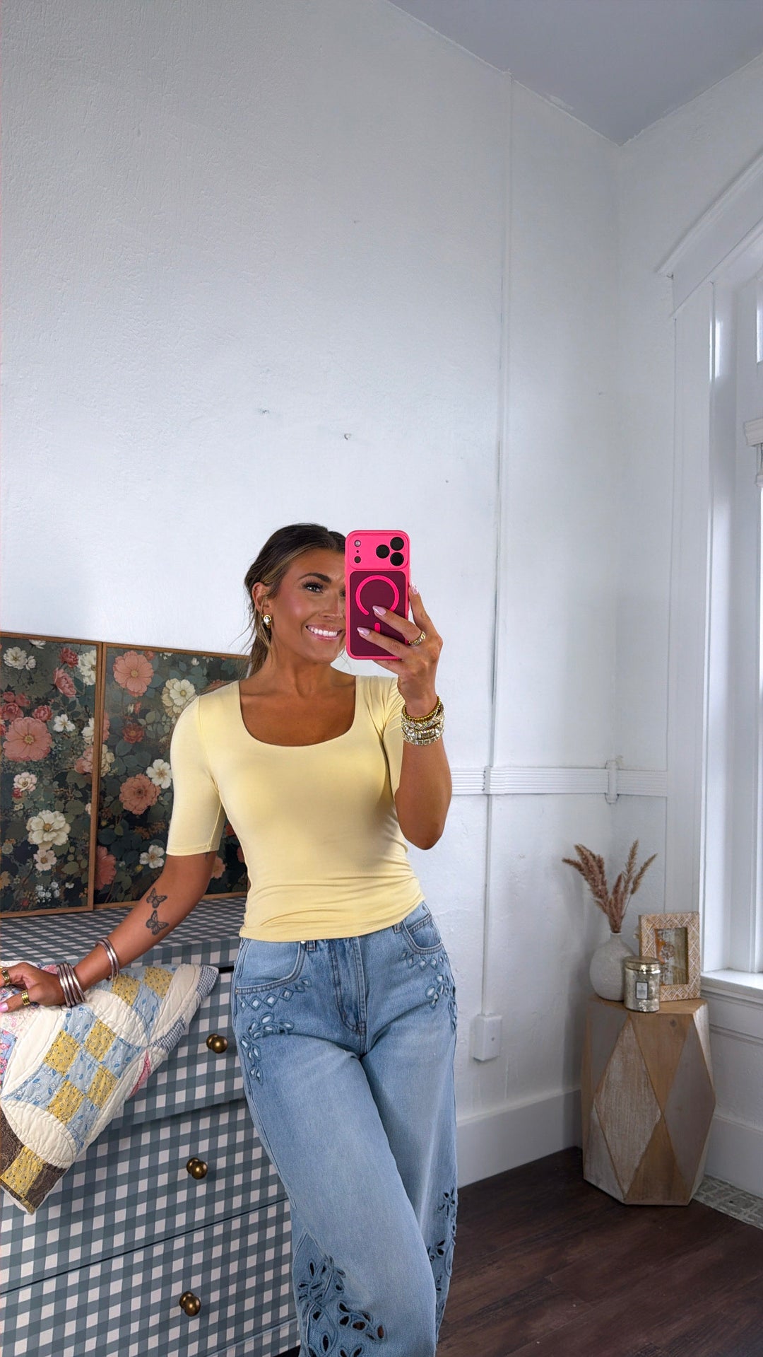 Double Layered 3/4th Sleeve Tee, Butter Yellow