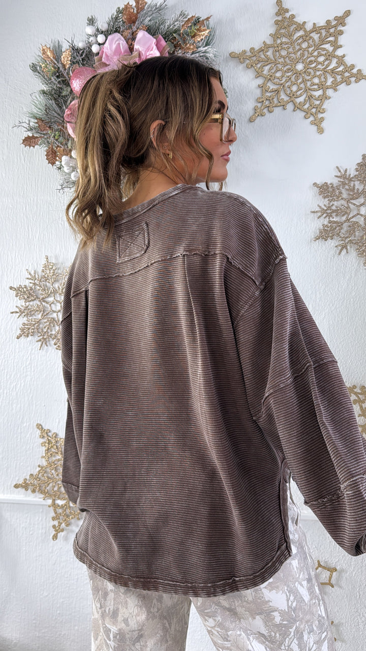 DOORBUSTER: Acid Washed Ribbed Cropped Pullover, Brown
