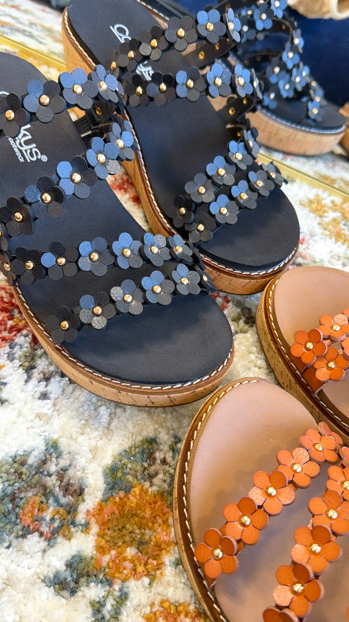 Floral Strap Plattform Wedge, Black