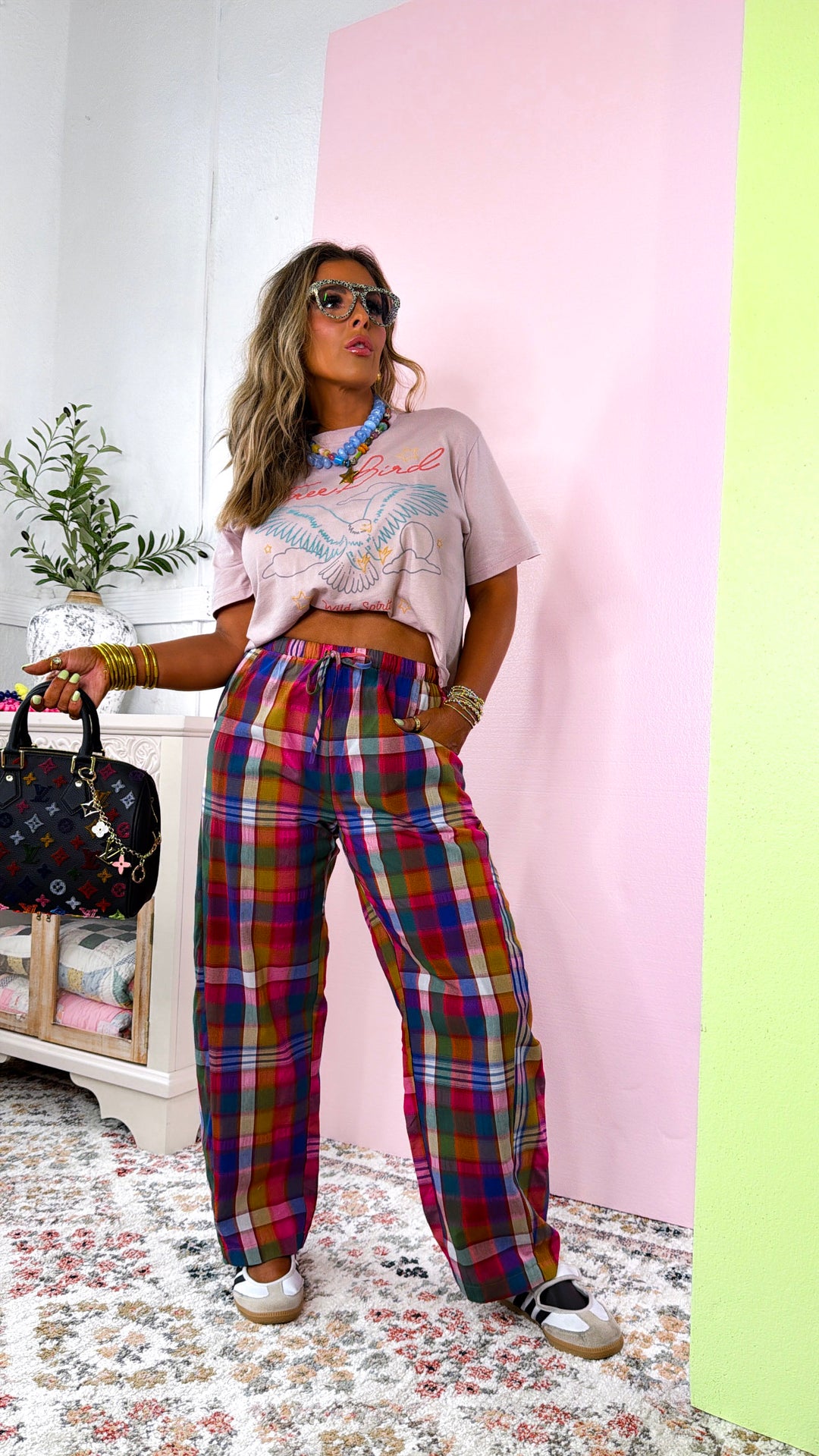 Plaid Relaxed Fit Pants, Pink/Navy Plaid