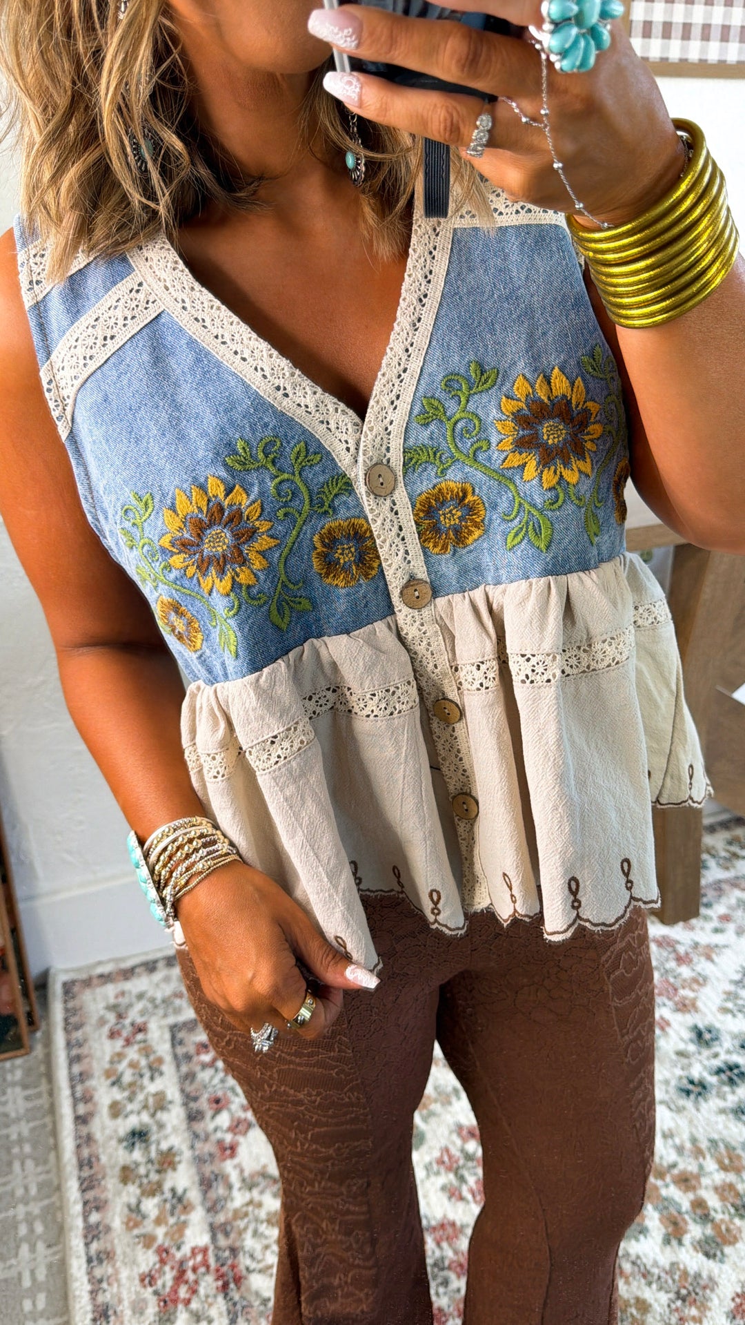 Washed Sunflower Embroidered Vest, Denim