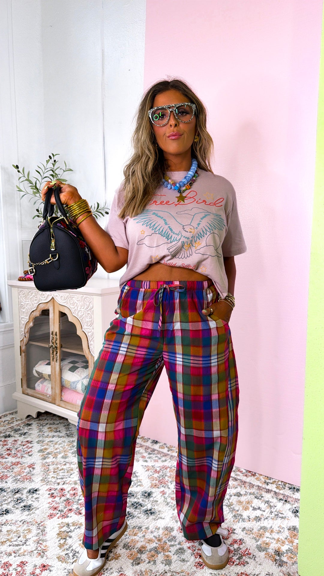 Plaid Relaxed Fit Pants, Pink/Navy Plaid
