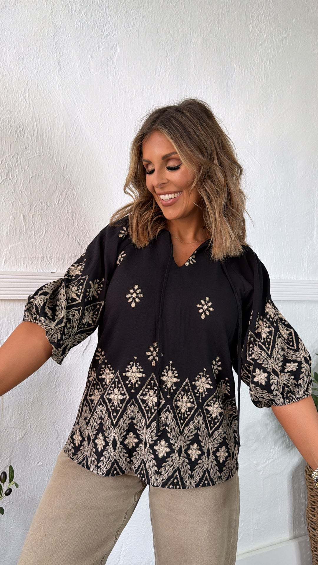 Birdie Embroidered Blouse, Black