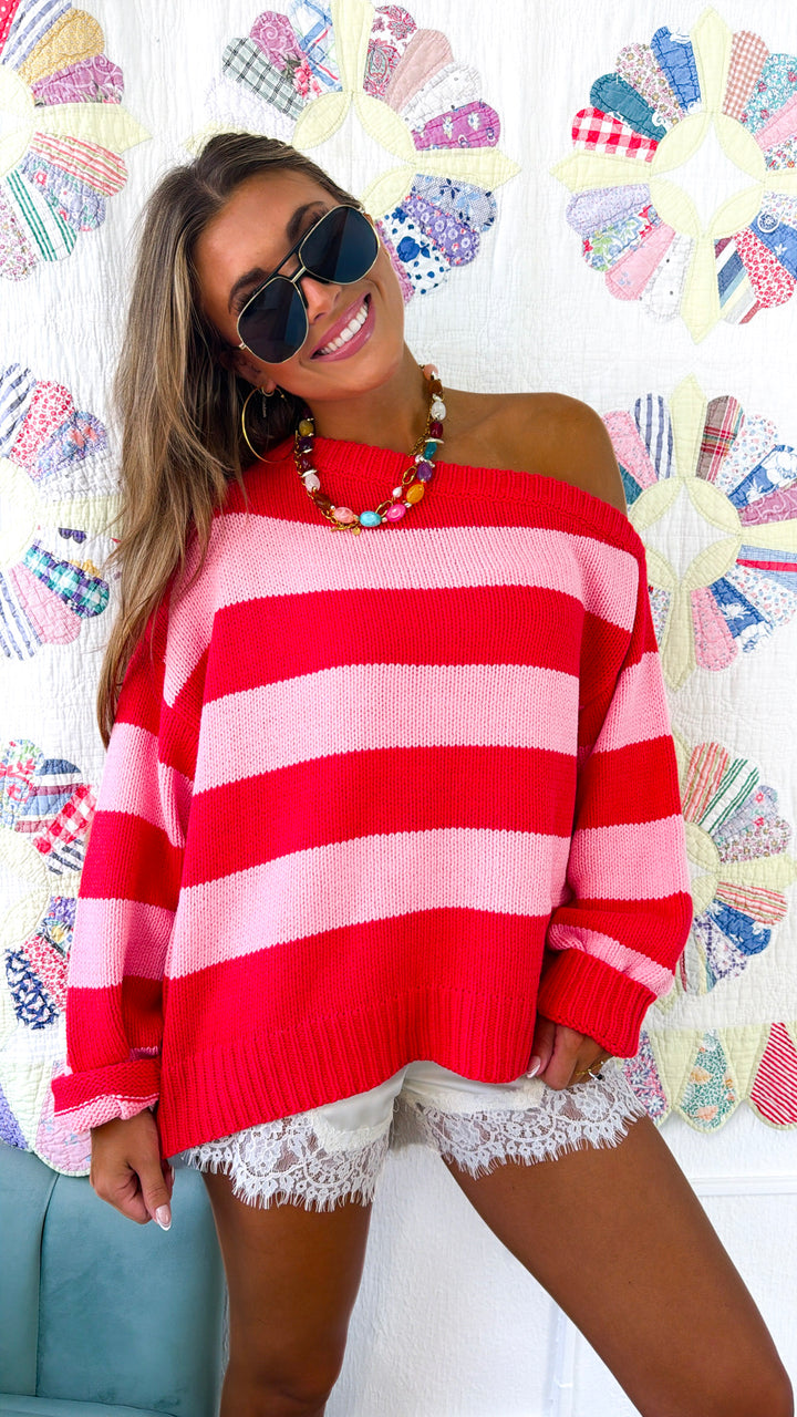 Stripe Off The Shoulder Sweater, Red/Pink