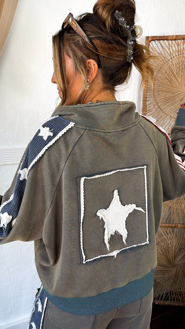 American Dream Patch Zip Up Jacket, Vintage Moss