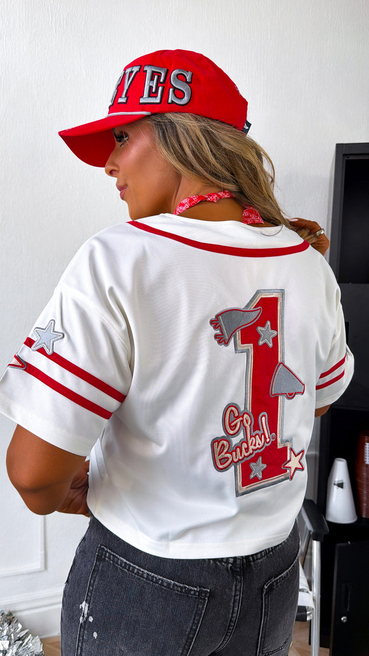 Ohio State Button Up Baseball Jersey Shirt, Red/Ivory