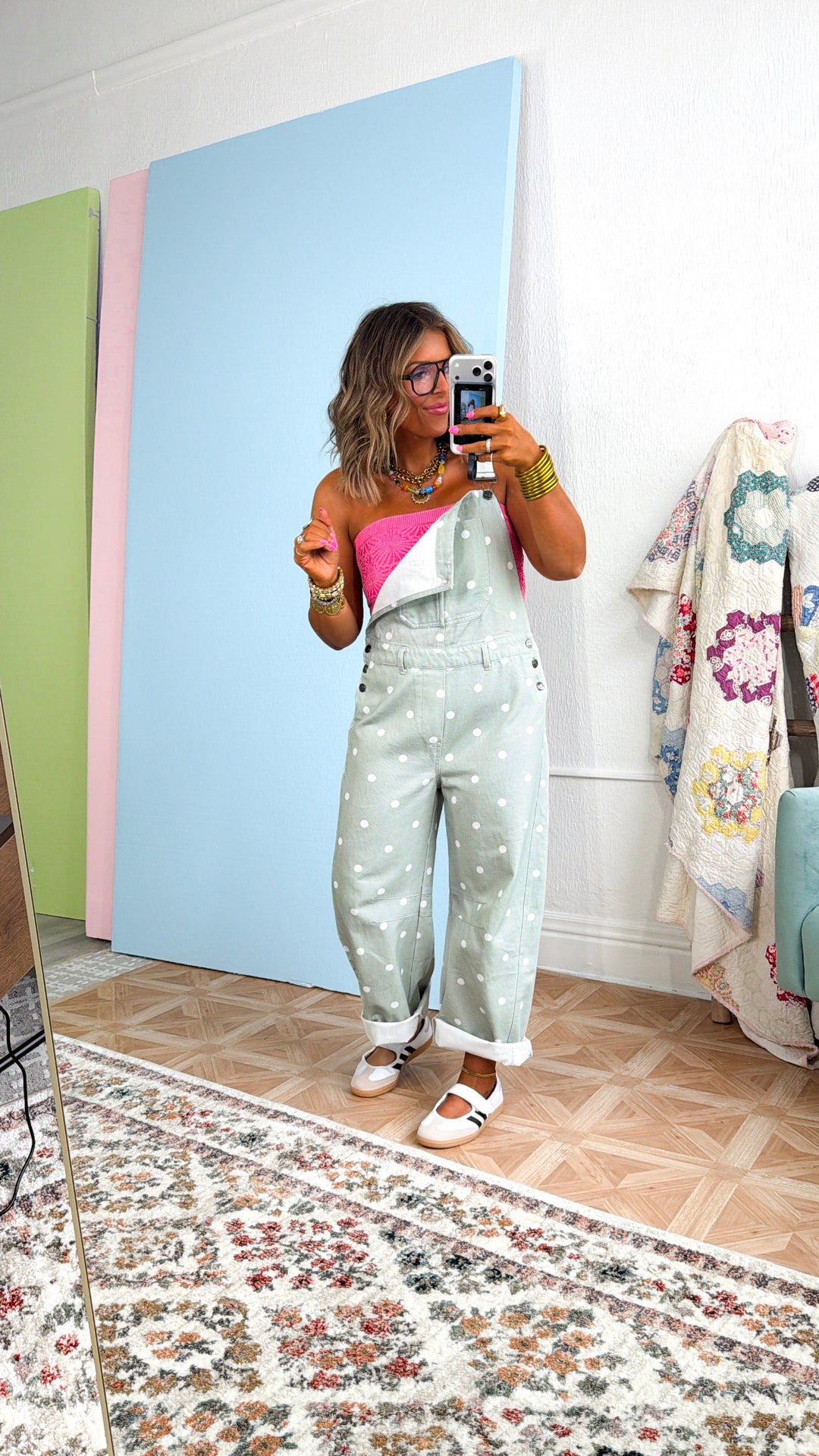 Amore Polka Dot Overalls, Sage/Ivory