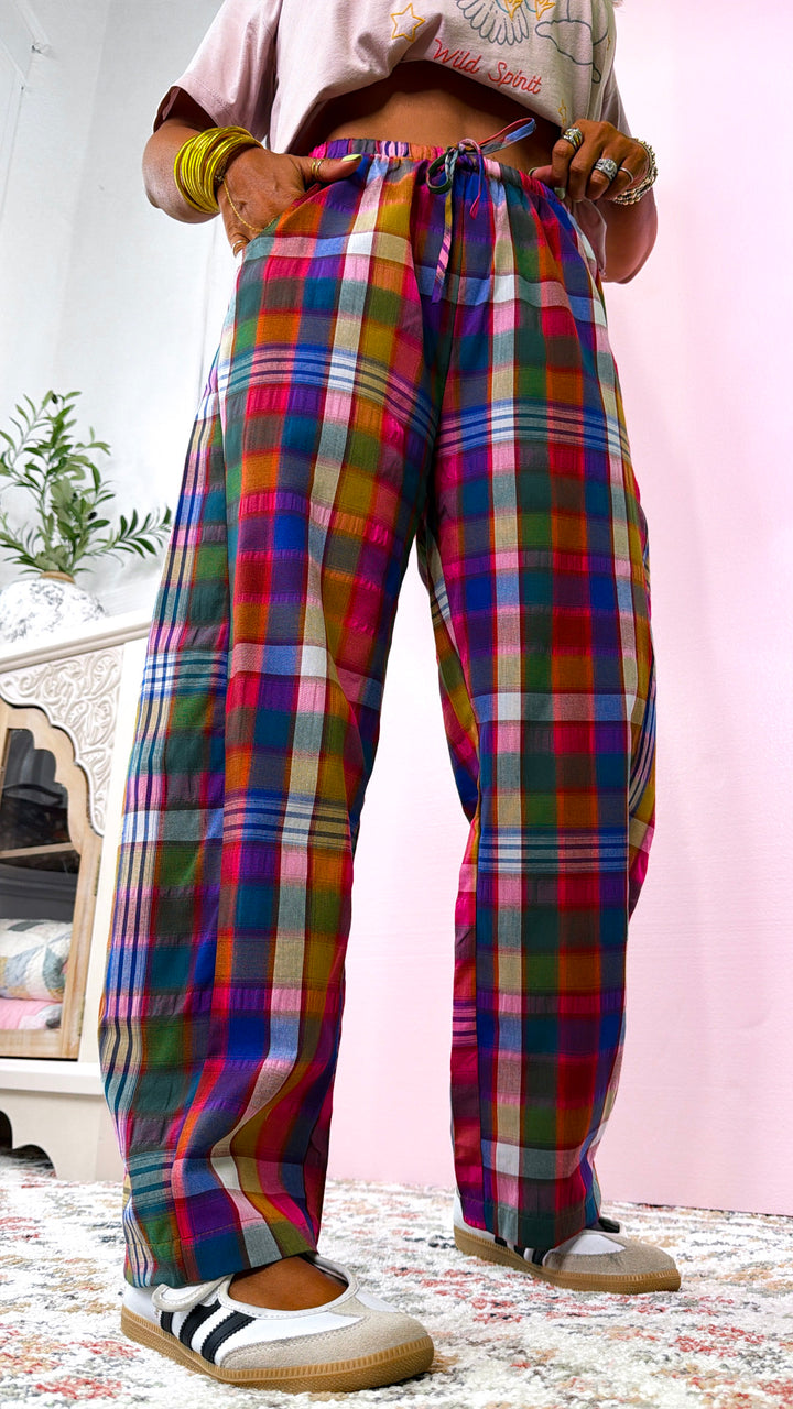 Plaid Relaxed Fit Pants, Pink/Navy Plaid