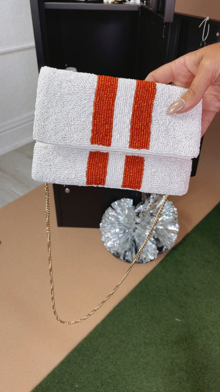 Gameday Girl Beaded Purse , Orange/White