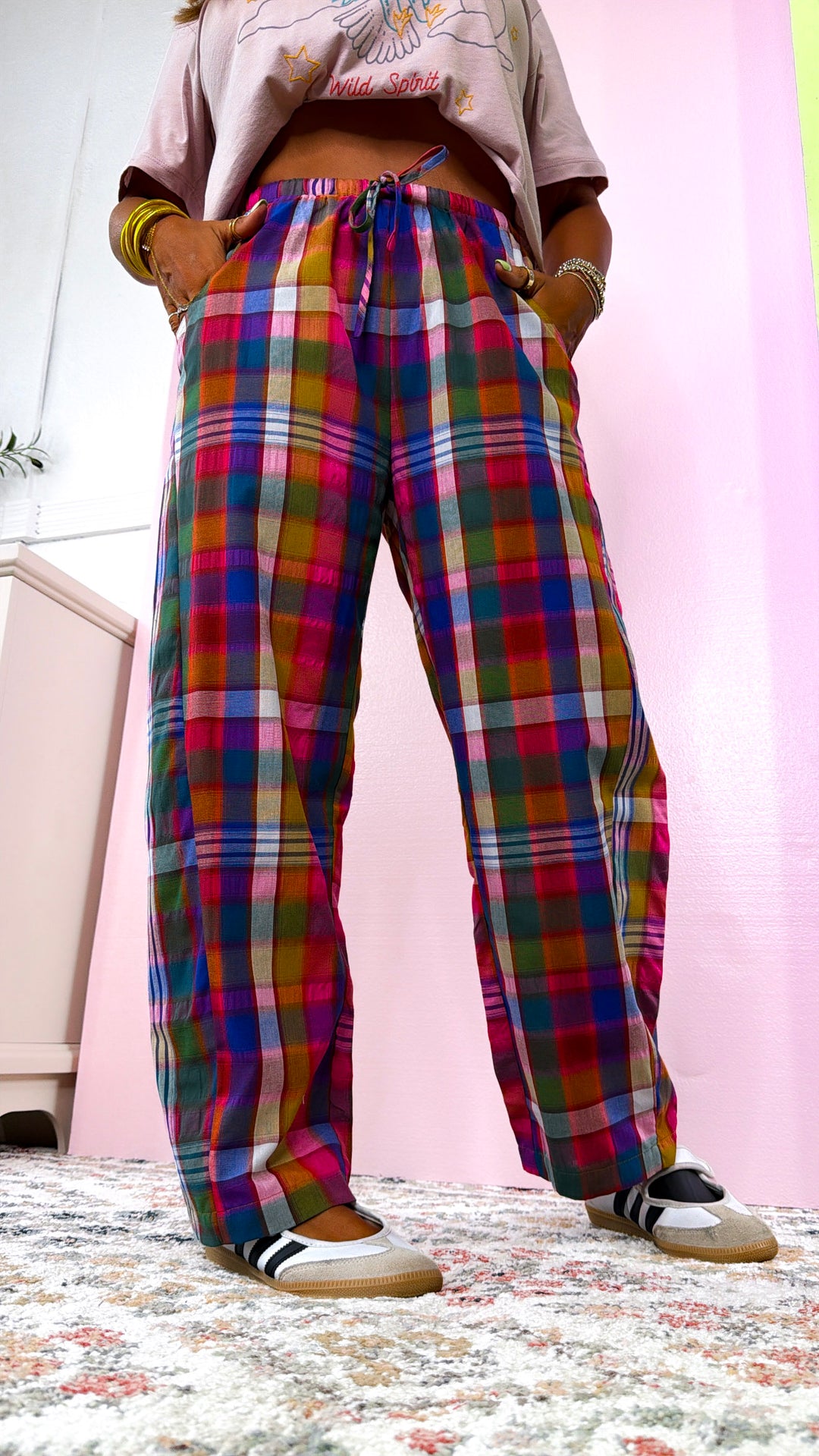 Plaid Relaxed Fit Pants, Pink/Navy Plaid