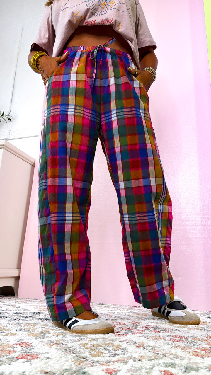 Plaid Relaxed Fit Pants, Pink/Navy Plaid
