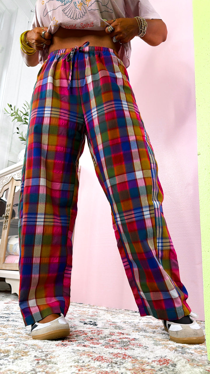 Plaid Relaxed Fit Pants, Pink/Navy Plaid